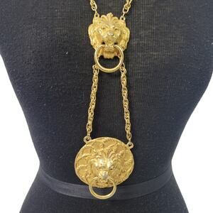 Vintage Double Lion Door Knocker Necklace Costume Jewelry Gold Pendant Statement